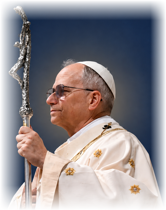 Pope Leo XIV in white vestments holding his pastoral staff